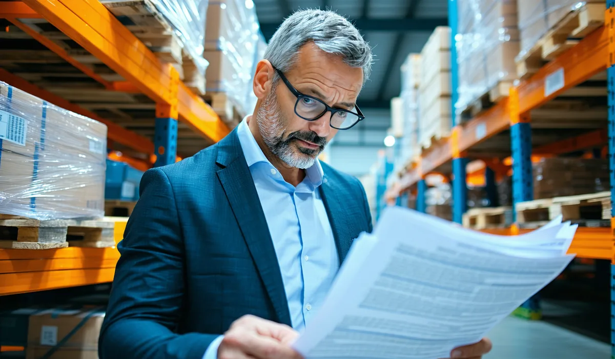 Abstract scene depicting European exporters: cargo containers, manifest paperwork, and currency exchange data representing cross-border trade finance