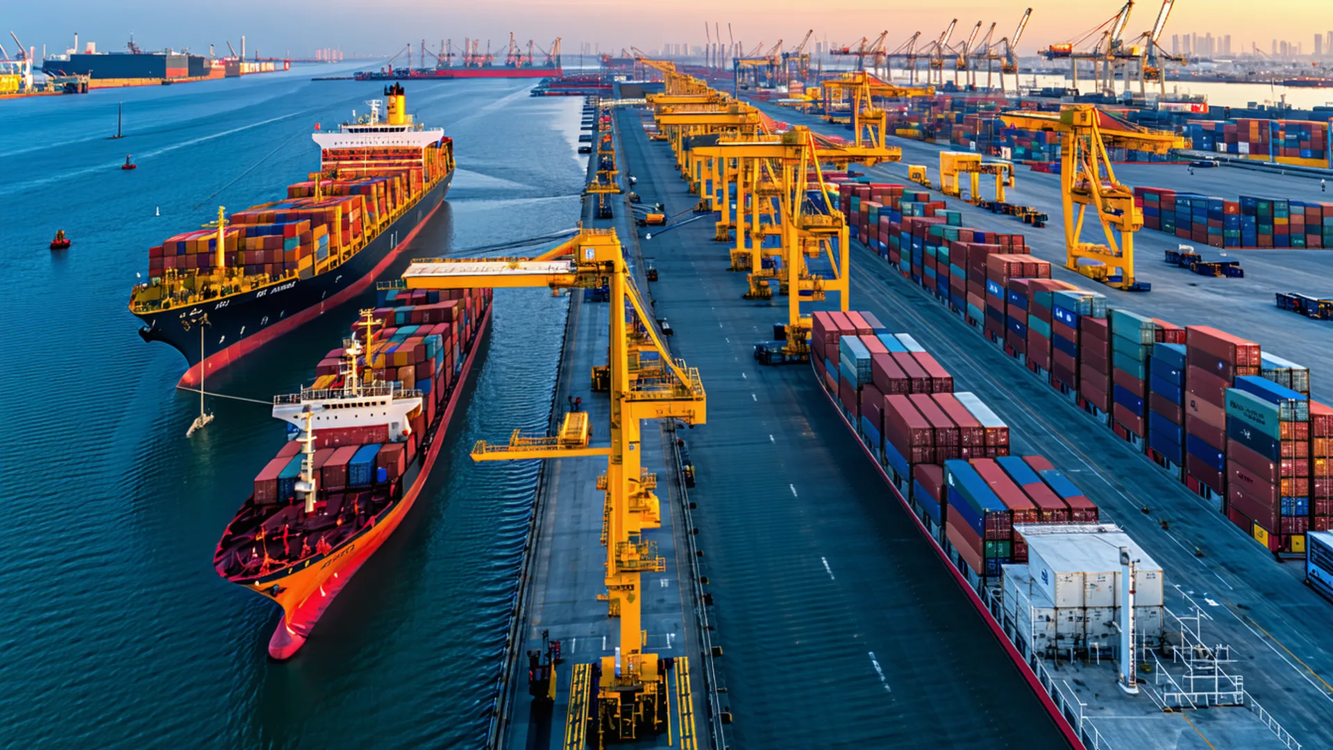 Aerial view of a large container port at dusk with warm light streaks, representing global trade routes