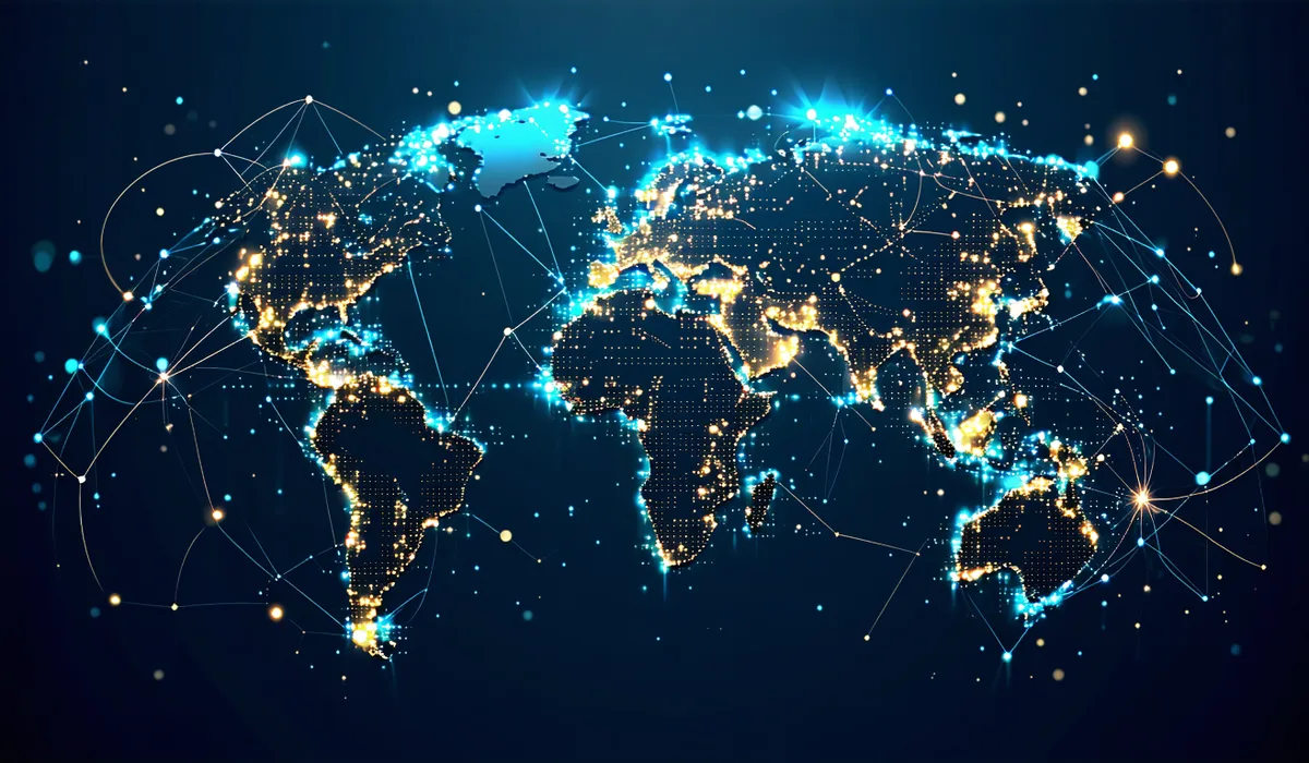 Abstract visualization of trade finance data flows between European cities, representing cross-border invoice processing