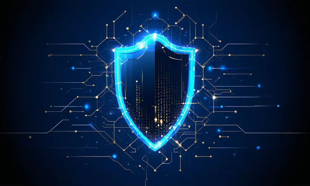 Abstract visualization of data security: encrypted nodes, network connections, and secure document handling representing trade finance data protection